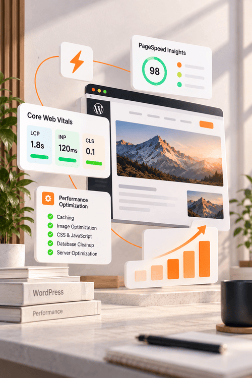 WordPress performance illustration with PageSpeed and Core Web Vitals indicators and an optimization checklist