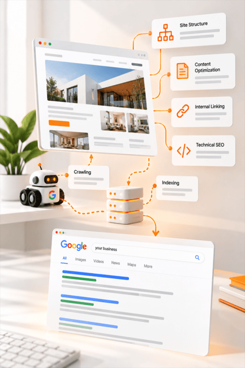 Illustration of website crawling and indexing connected to Google search results