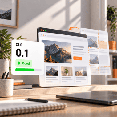 Illustration of website layouts with a CLS visual-stability indicator