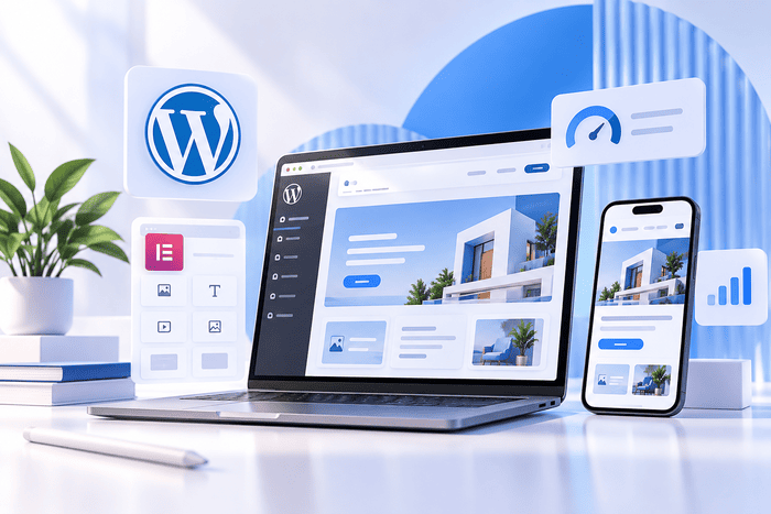WordPress website displayed on a laptop and smartphone with Elementor and performance graphics