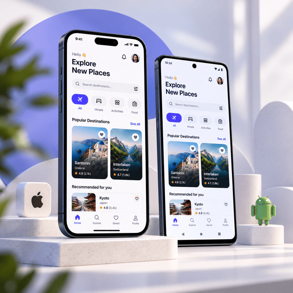 Travel app interface displayed on iOS and Android smartphones with matching navigation and screen layouts