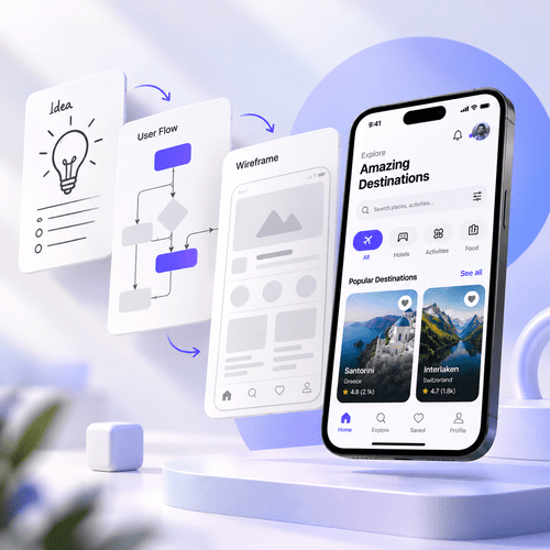 Illustration of a mobile app design process from an idea and user flow to wireframes and a finished smartphone interface