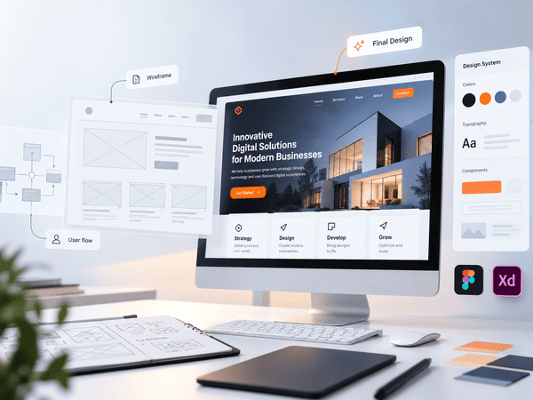Website design displayed on a desktop monitor alongside user flows, wireframes, and a design system