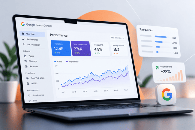 Illustration of Google Search Console on a laptop showing clicks, impressions, search queries, and traffic charts