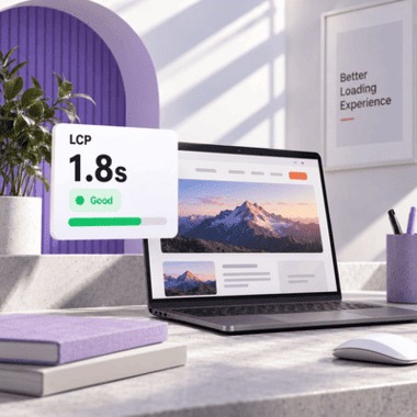Illustration of a website on a laptop with an LCP loading-performance indicator