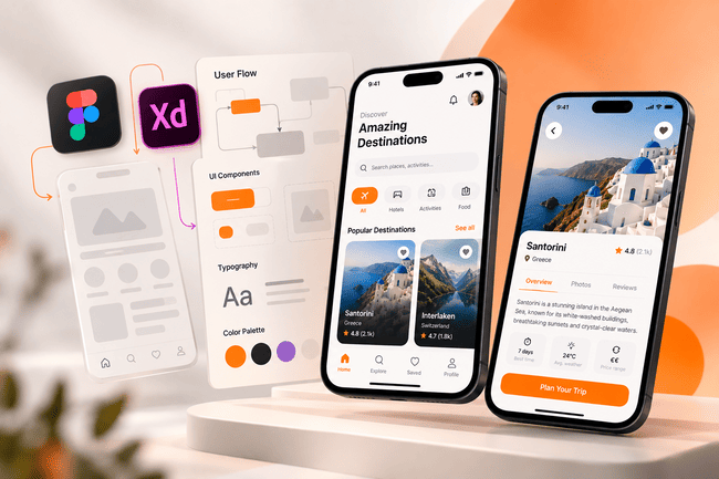 Mobile app interface mockups on two smartphones alongside Figma, Adobe XD, user flows, and UI components