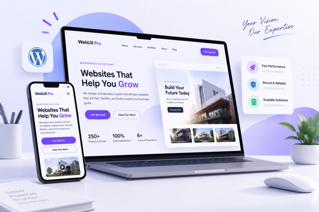 Responsive WordPress website shown on a laptop and smartphone with performance, security, and scalability graphics
