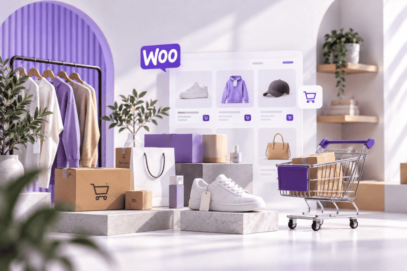 WooCommerce product catalog illustration with clothing, shoes, shopping bags, delivery boxes, and a shopping cart