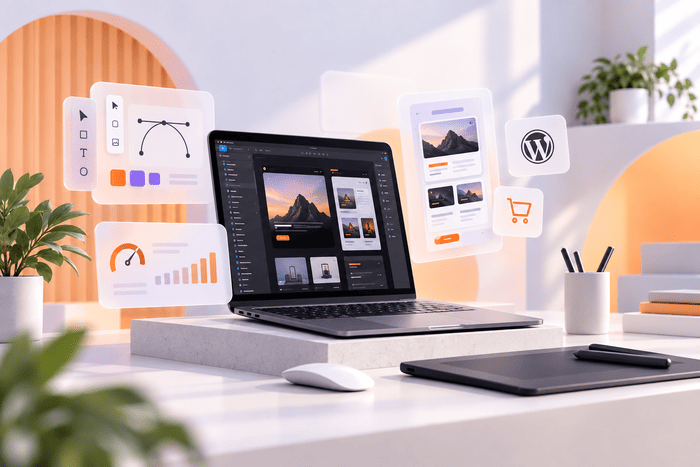 Laptop displaying a website design with floating WordPress, e-commerce, and performance graphics