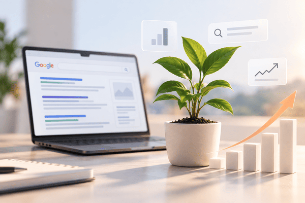Illustration of Google search results beside a growing plant and rising chart representing organic growth