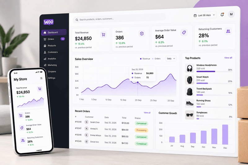 WooCommerce analytics dashboard on a monitor and smartphone showing sales, orders, products, and customer data