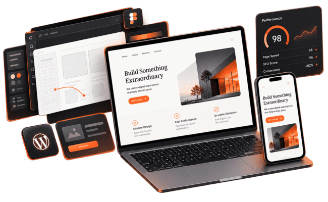 Responsive website mockup on a laptop and smartphone with design and performance graphics