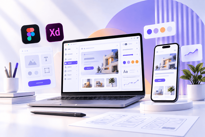 Website interface designs on a laptop and smartphone alongside Figma, Adobe XD, wireframes, and UI components