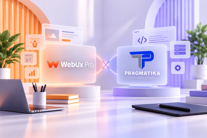 WebUX Pro and Pragmatika Technologies logos connected in an illustration of design and development collaboration