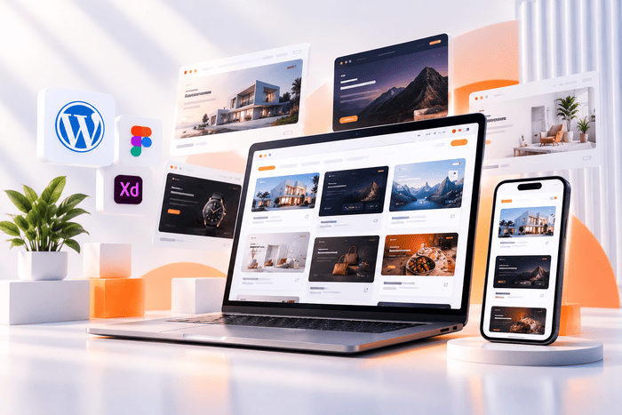 Website layouts displayed on a laptop and smartphone alongside WordPress, Figma, and Adobe XD icons