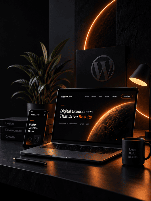 WebUX Pro website displayed on a laptop and smartphone in a dark workspace