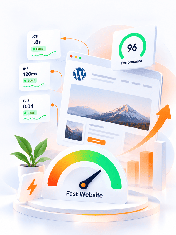 WordPress performance illustration with LCP, INP, and CLS metrics, a speed gauge, and a rising chart
