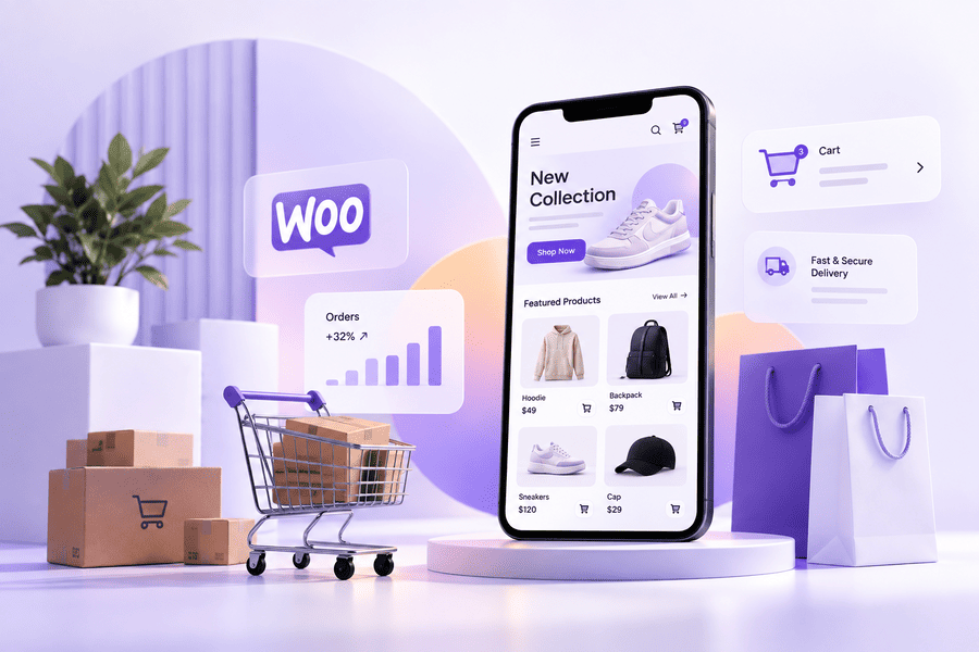 WooCommerce store displayed on a smartphone with a shopping cart, delivery boxes, and shopping bags