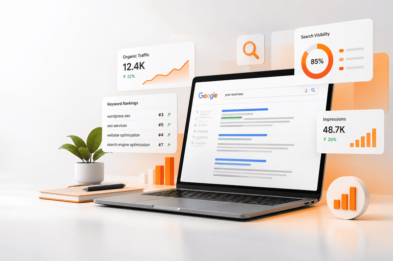 Illustration of Google search results on a laptop with organic traffic, keyword rankings, and search visibility charts