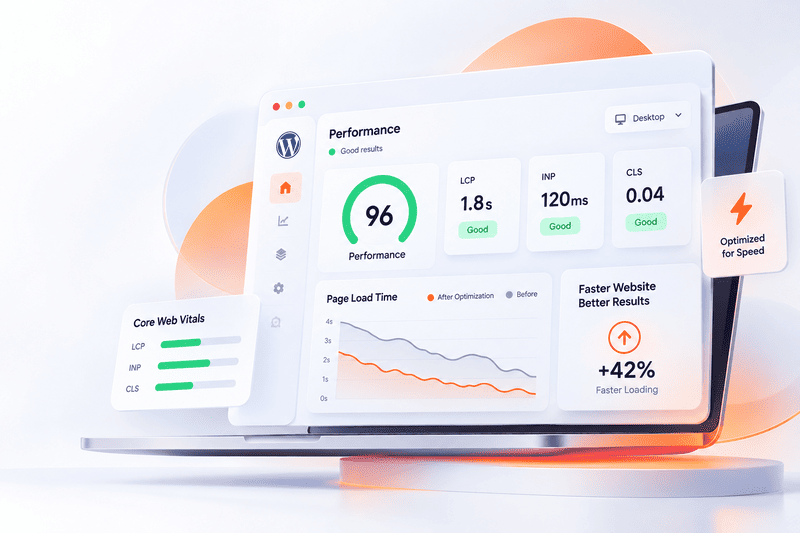 Illustration of a WordPress performance dashboard showing loading-time charts and Core Web Vitals metrics