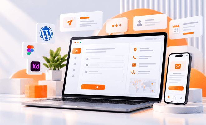 Contact form displayed on a laptop and smartphone alongside messaging, calendar, and contact-detail graphics