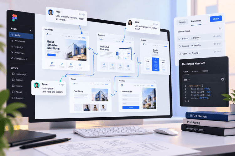 Interactive website prototype on a desktop monitor showing connected screens, review comments, and a developer handoff panel