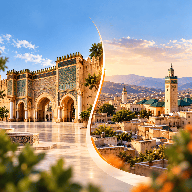 Side-by-side views of an ornate gateway in Meknes and the Fez skyline