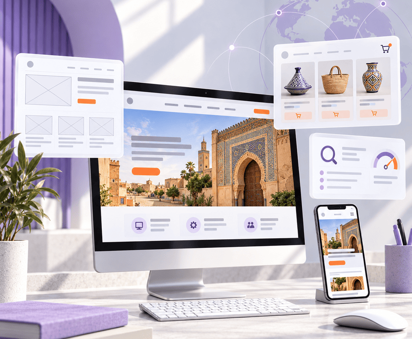 Illustration of a responsive website on desktop and mobile, with wireframe, online store, and website optimization panels.