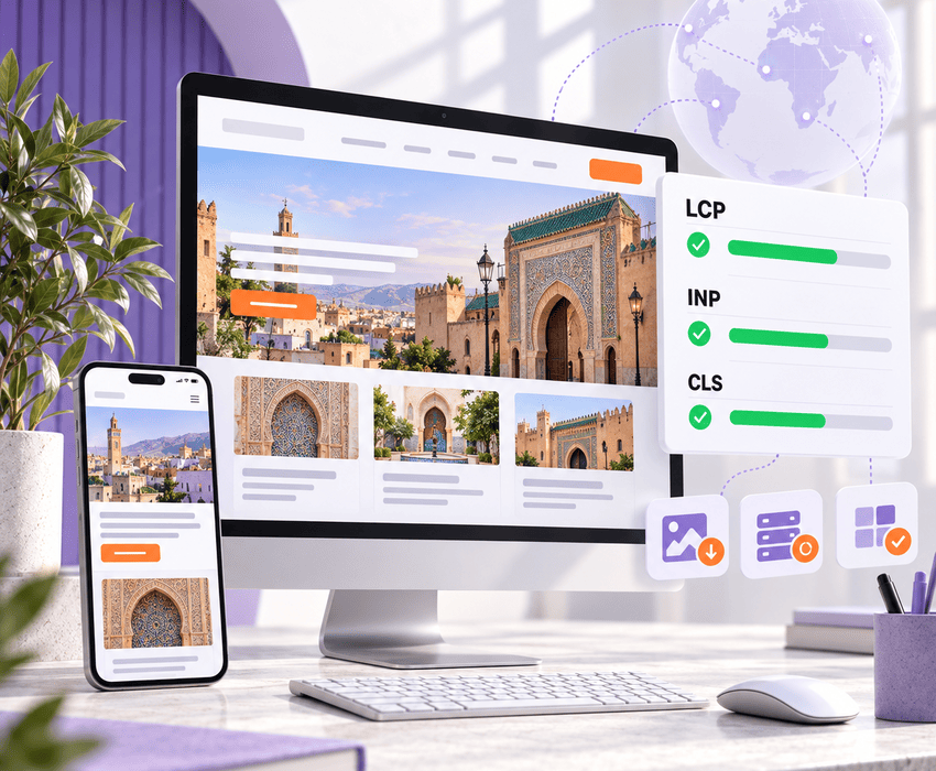 Illustration of a desktop monitor and smartphone displaying responsive websites beside a Core Web Vitals panel labelled LCP, INP, and CLS.