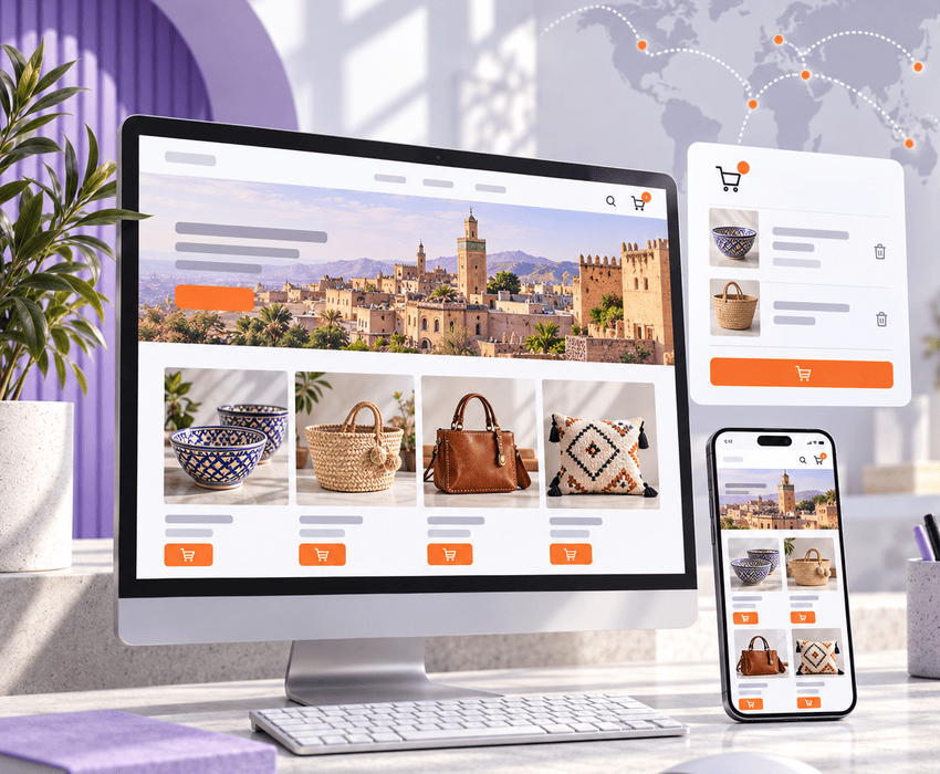 Illustration of an online store displaying Moroccan artisan products on a desktop monitor and smartphone, alongside a shopping cart panel