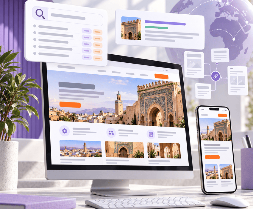 Illustration of a business website on desktop and mobile, with keyword research, search preview, and internal linking panels.
