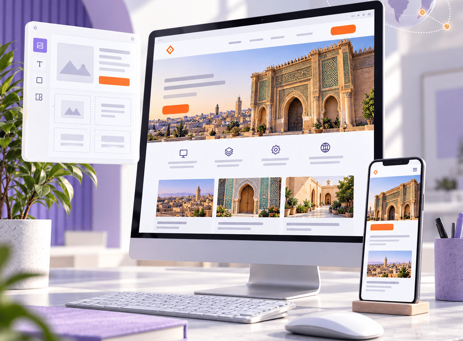 Illustration of responsive websites on a desktop monitor and smartphone, featuring architecture inspired by Fez and Meknes.